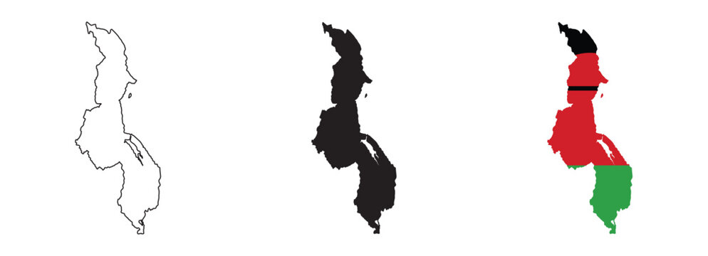 Malawi map vector set with editable country outline black silhouette and national flag featuring black red green horizontal stripes with red rising sun for geography and education design