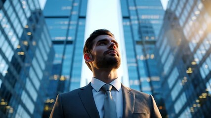 man in suit and tie stands among skyscraper and building cluster. beard and portrait meet glass reflection and sunlight. urban structure creates dramatic vertical scale. city figure gazes upward. - Powered by Adobe