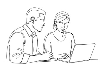 Continuous line drawing Two business professionals collaborating at a desk, a modern art sketch