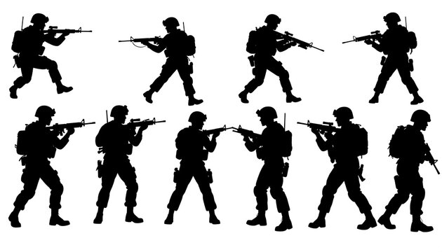 Silhouetted soldiers in various combat stances holding rifles, depicted in a two-row arrangement against a white background
