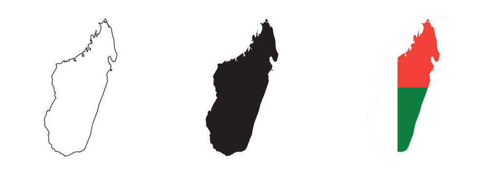 Madagascar map vector set with editable country outline black silhouette and national flag featuring white red green stripes for geography, education, and cultural illustration design use