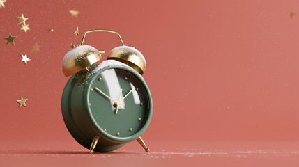 Christmas green and gold alarm clock with snow and floating stars. For holiday sale, discount and celebration time