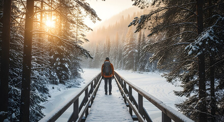 Winter hike adventure: man on bridge in snowy forest landscape with backpack and sunlight travel destination