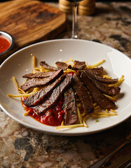 &Ccedil;&ouml;kertme kebabı with grilled beef strips and crispy potatoes