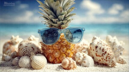 Pineapple in sunglasses rests on a beach among seashells.