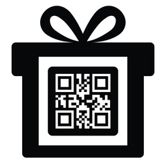 Black Christmas gift box icon with a bow, featuring a QR code on the front face. Simple, modern design suitable for digital gifts, e-commerce, mobile scanning, and tech-related gift concepts.