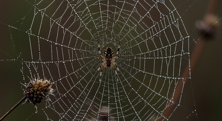 Close-up of a spider on its web with dew drops in a natural setting.