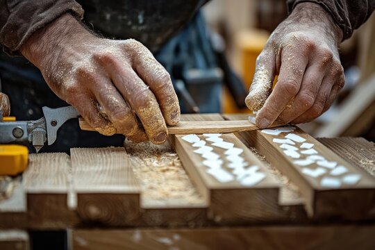 Close-up of hands working with wooden strips and adhesive in a woodworking workshop