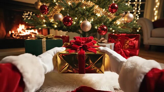 Traditional holiday scene featuring Santa, Festive scene showing Santa in red sleeves delivering present by Christmas