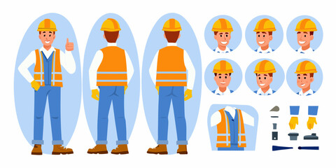 Fototapeta premium Construction worker character set with front and back views and various facial expressions and accessories