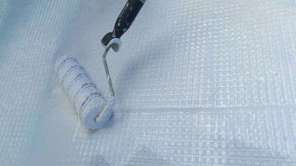 Painting waterproof resin on fiberglass mesh with roller tool © ivan canavera