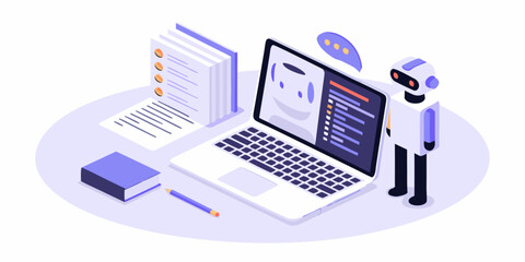 Modern isometric illustration of a robot assisting with digital tasks on a laptop and documents