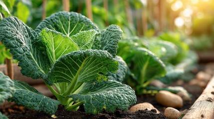 Fresh Green Cabbage Growing in Vibrant Vegetable Garden Bed
