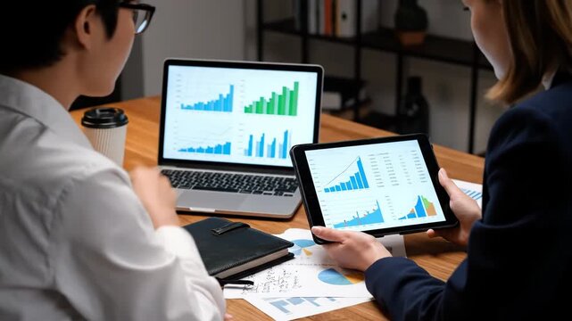 Two business people analyzing financial charts on a laptop and tablet - Powered by Adobe