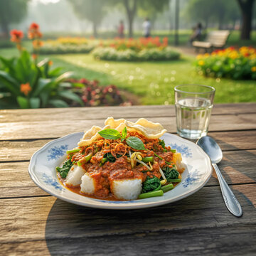 Indonesian pecel vegetable salad with peanut sauce served outdoors on table in park setting. Healthy lifestyle and casual dining concept.