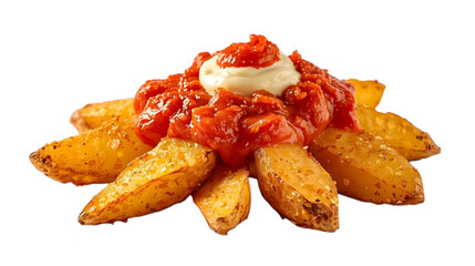 Crispy potatoes topped with spicy red sauce and aioli.