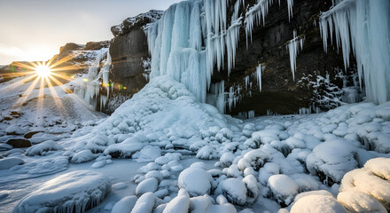 Winter iceland landscape with frozen waterfall and sun rays shining through the cold scenery view