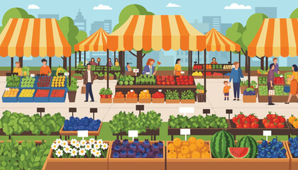 Vibrant outdoor market brimming with fresh produce and happy shoppers enjoying a sunny day of commerce