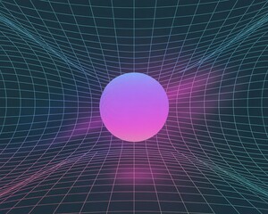 Abstract neon grid sphere creates a futuristic, digital space evoking science fiction and virtual reality concepts with vibrant magenta and cyan hues.
