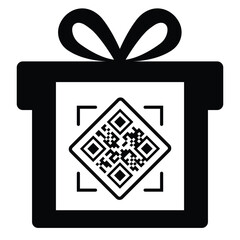 Black Christmas gift box icon with a bow, featuring a QR code on the front face. Simple, modern design suitable for digital gifts, e-commerce, mobile scanning, and tech-related gift concepts.