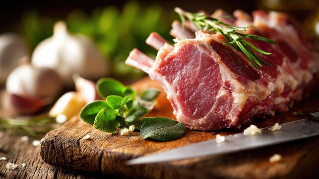 Fresh Raw Meat with Herbs on Rustic Wooden Cutting Board