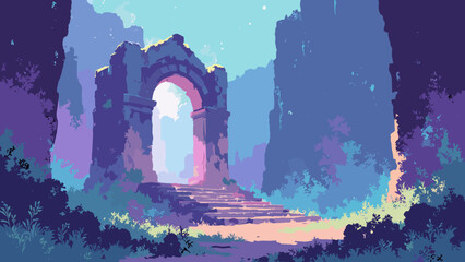 Holographic cliff chapel ruins — small ruin showing light-etched arches and prism moss, palette: ash, holo lilac, teal, no people