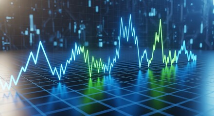 A glowing blue and green line graph on a grid with a blurred background pattern