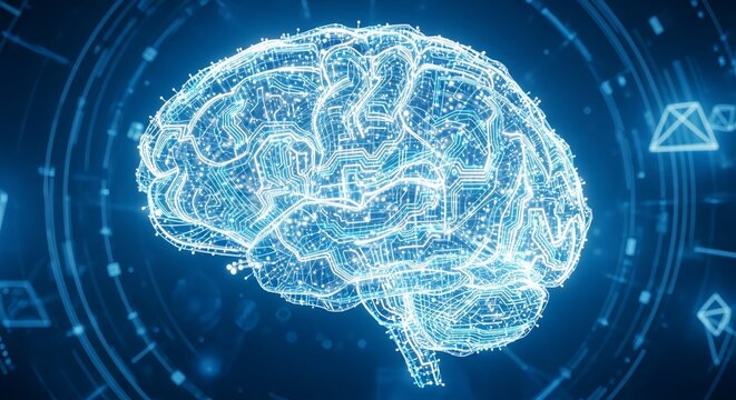 Digital brain circuitry illuminated against a dark blue technological background