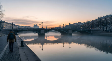 Cityscape river bridge morning walk sunrise photography travel destination european urban scenery view tour