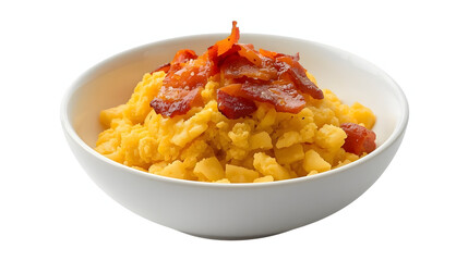 Golden cassava flour with bits of bacon, served in a white bowl
