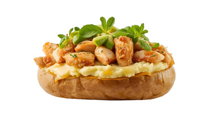 Delicious baked potato stuffed with shrimp and fresh herbs.