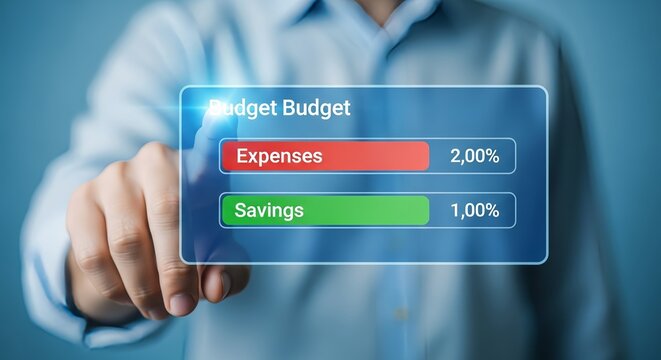 Person pointing at a budget app showing expenses and savings on a digital interface - Powered by Adobe