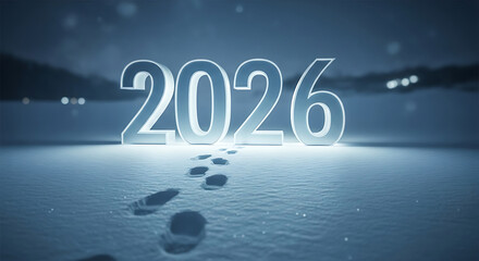 2026 numbers in snow with footprints new year