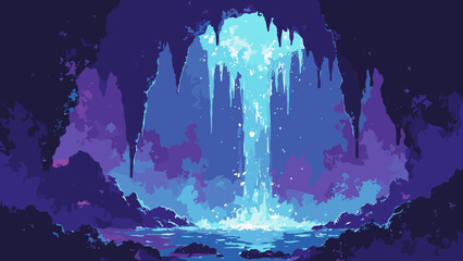 Electric grotto — cavern of crystalline stalactites dripping neon droplets into a black pool, palette: electric blue, violet, onyx, no people