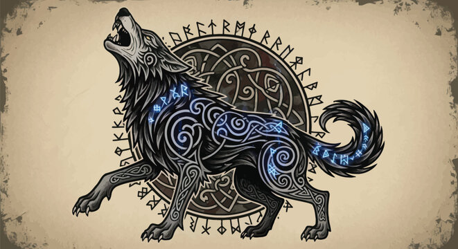 Viking wolf howling under runic circle, a striking symbol of Norse mythology and wild spirit, perfect for fantasy art or historical designs