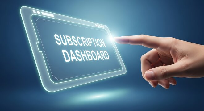 A hand touching a glowing screen displaying the words subscription dashboard on blue background