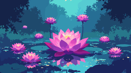 Neon lotus pond — oversized lotus with glowing veins and hovering holo-lilies, palette: magenta, teal, pearl, no people