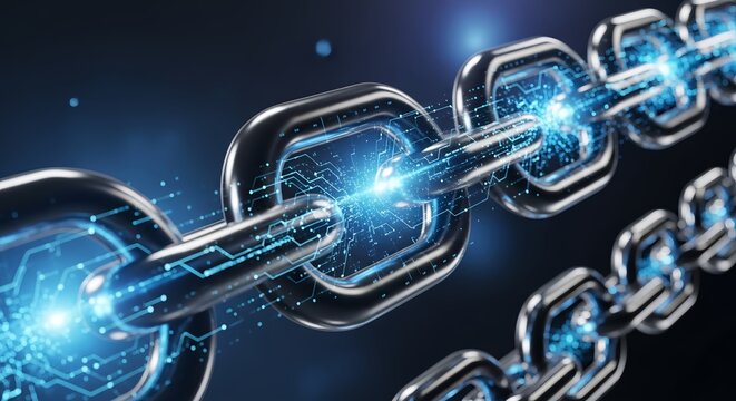 Close up of a metallic chain with glowing blue connections on a dark background design
