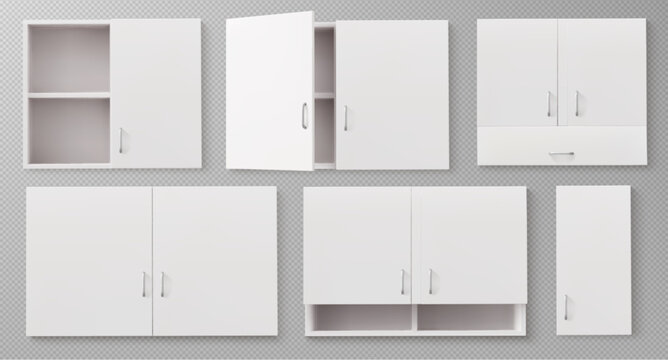 realistic 3d white kitchen cabinet furniture set isolated on transparent background. Wall mounted storage closet units with shelves, closed and open doors, metal handles for interior design mockups.