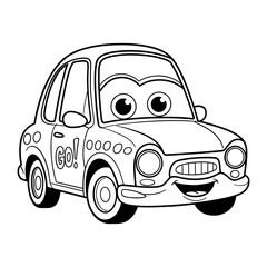 Cartoon car line art coloring page illustration with friendly face and 'go!' text on side, ready for creative children's activities and design projects.