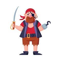 Man Pirate Character in Bandana with Hook Vector Illustration