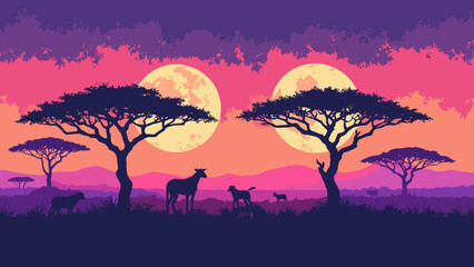 Synthwave savannah — acacia silhouettes lit by twin neon moons, heat haze in gradient bands, palette: burnt orange, neon purple, teal, no people