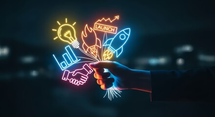 Hand holding neon business icons including lightbulb rocket handshake and graph chart