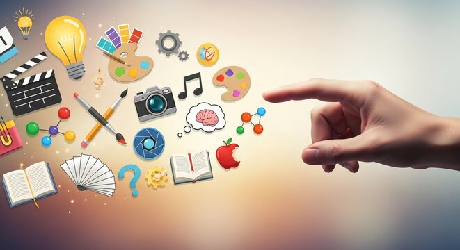 Hand reaching towards creative icons including art supplies and education symbols