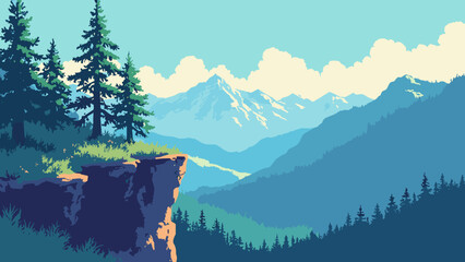 Neon cliffside pines — windblown pines tipped in electric cyan overlooking a glossy valley, palette: cyan, moss, indigo, no people