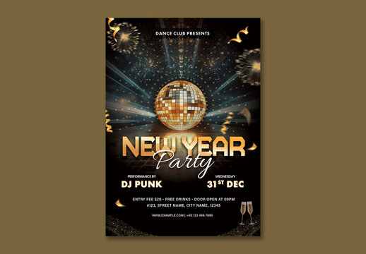 Editable New Year Party Flyer with Event Details in Dark Theme Design.