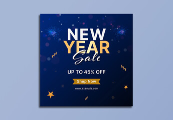 Editable New Year Sale Social Media Post Template with Discount Offer in Blue Theme Design.