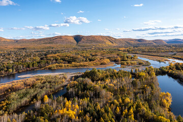 Aerial photography of autumn mountain forest road in Daxing'an Mountains
