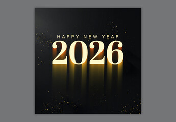 Golden 2026 Happy New Year Text on Black Background, Editable Social Media Post Template.