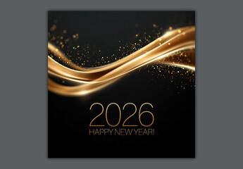 2026 Happy New Year Social Media Post Template in Golden and Black Abstract Theme, Editable Design.